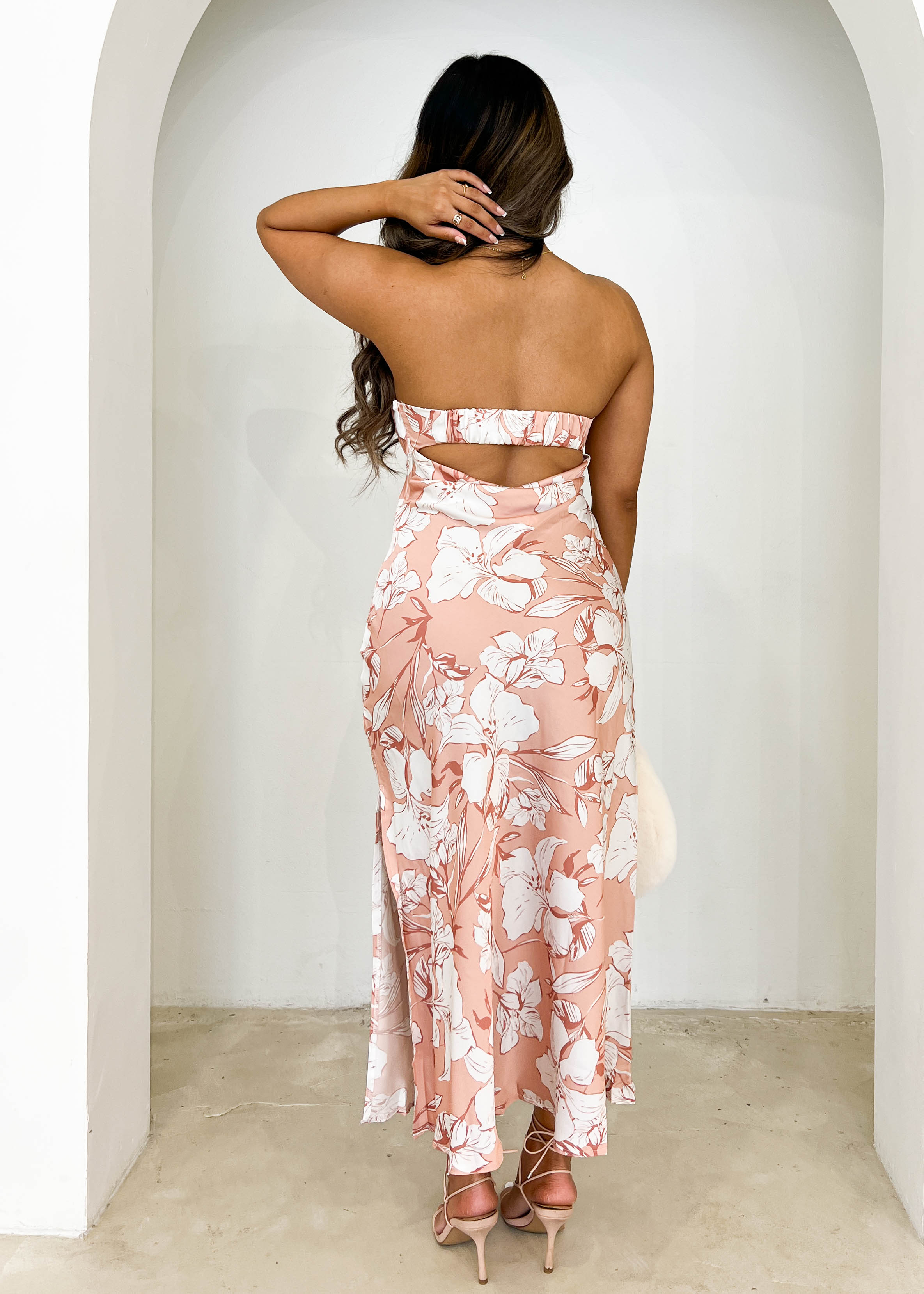 Gizia Strapless Midi Dress - Peach Flowers