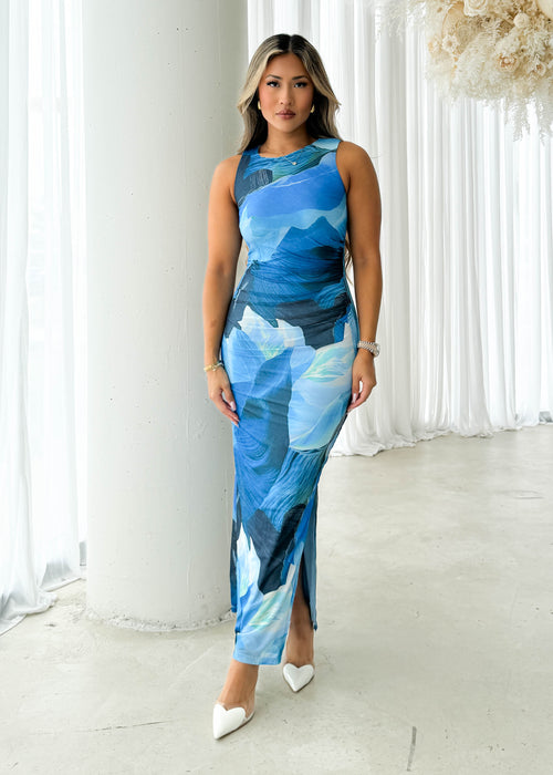 Tillia Mesh Maxi Dress - Blue Leaf