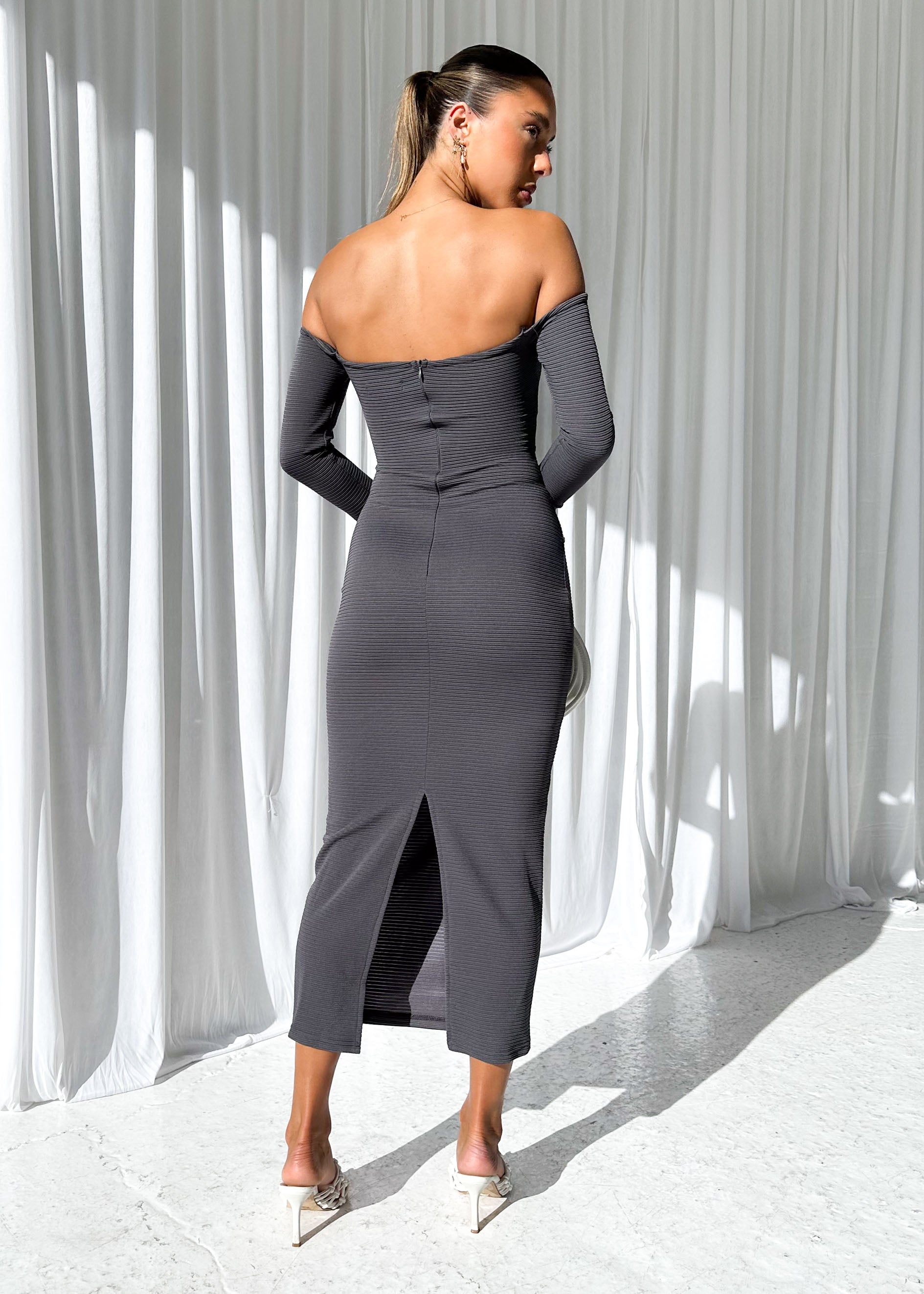 Tarrie Off Shoulder Midi Dress - Charcoal