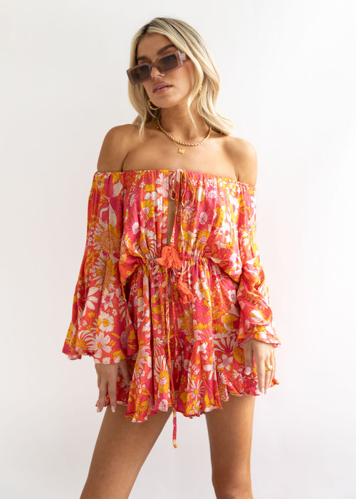 Monre Off Shoulder Playsuit - Watermelon Floral