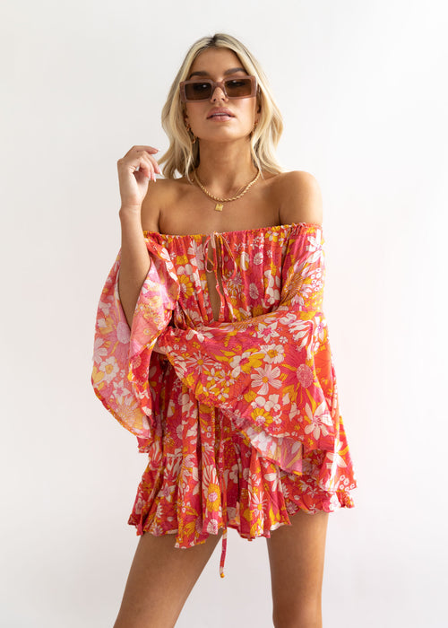 Monre Off Shoulder Playsuit - Watermelon Floral