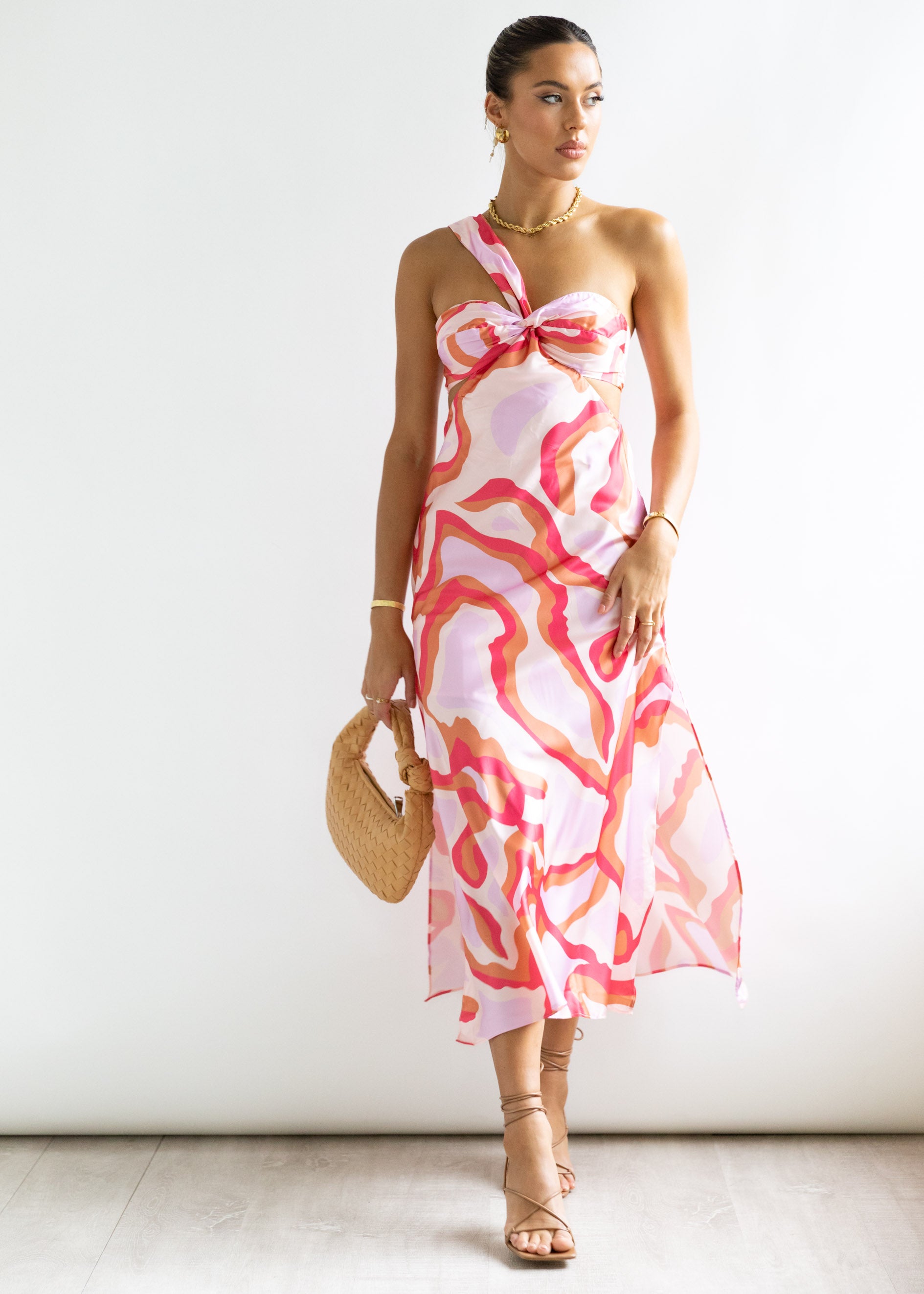 Varia One Shoulder Midi Dress - Blush Abstract
