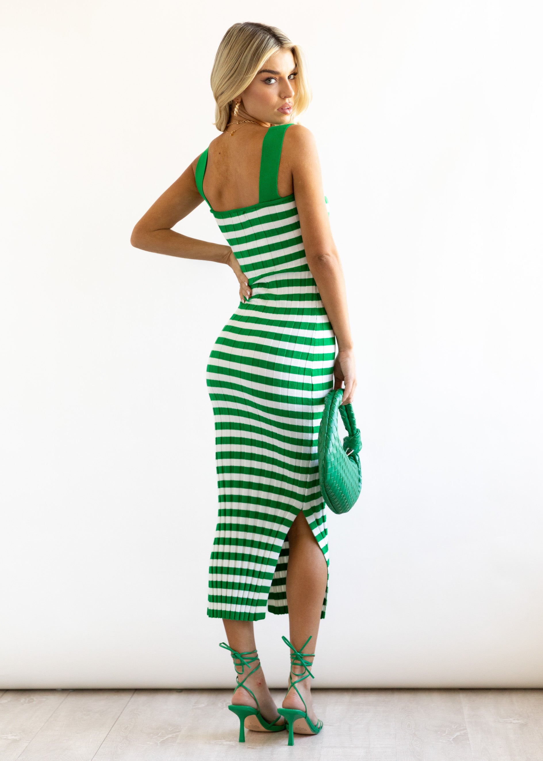 Hellie Knit Midi Dress - Green Stripe